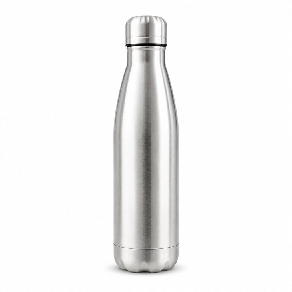 Stainless steel water bottle on white background