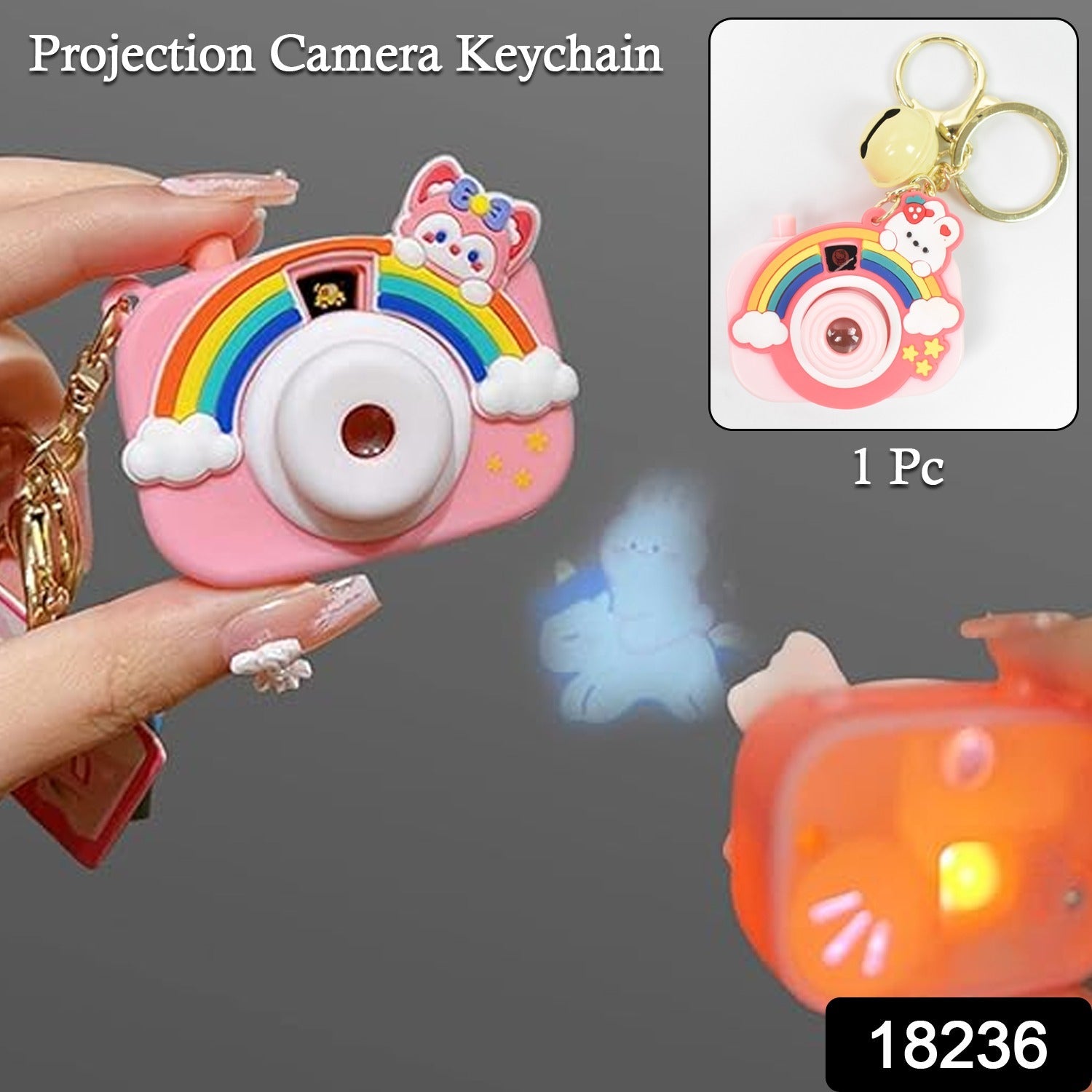 Multiple colorful projective camera keychains arranged on white surface