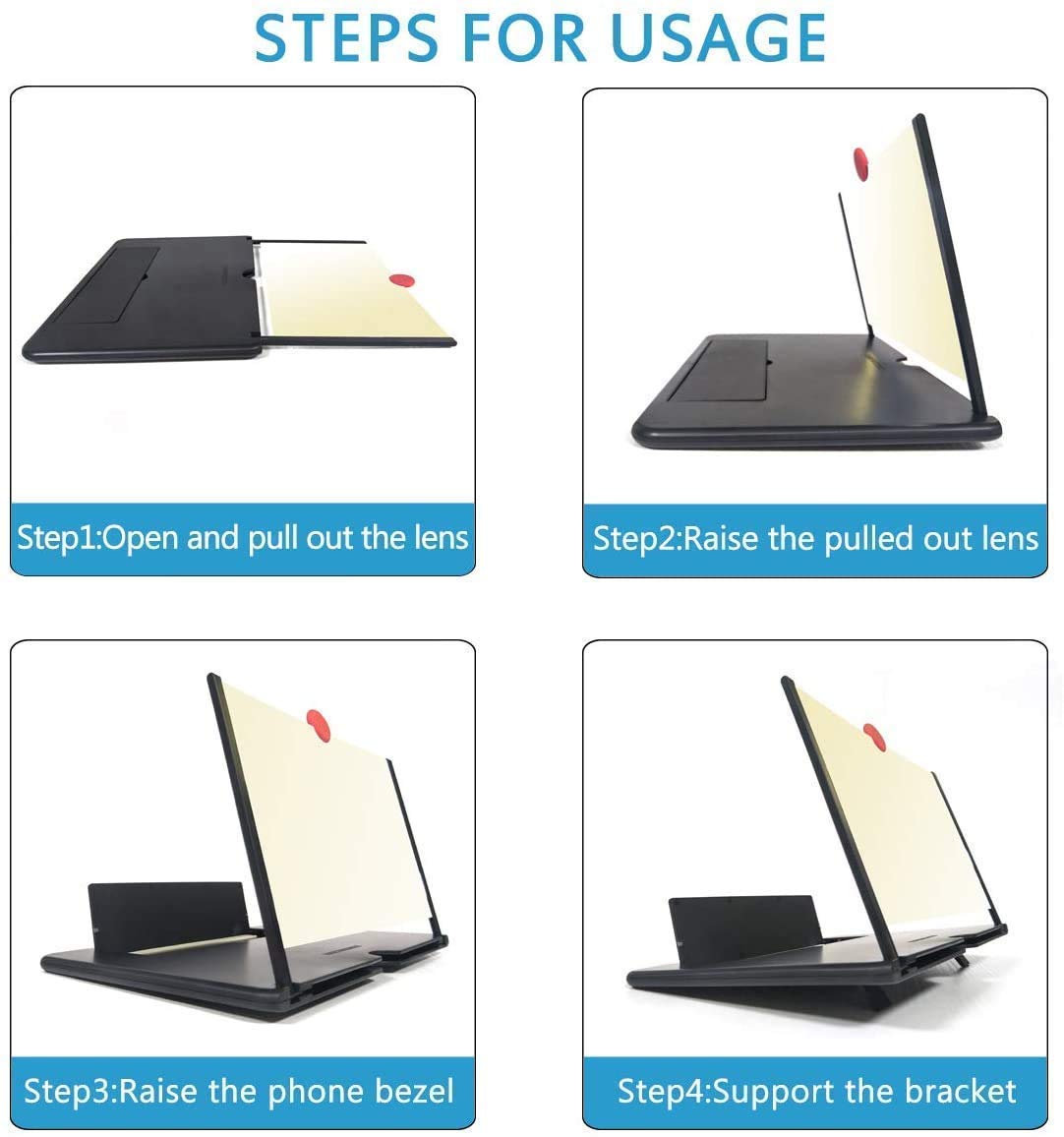 Compact mobile phone screen amplifier providing clear, enlarged viewing.