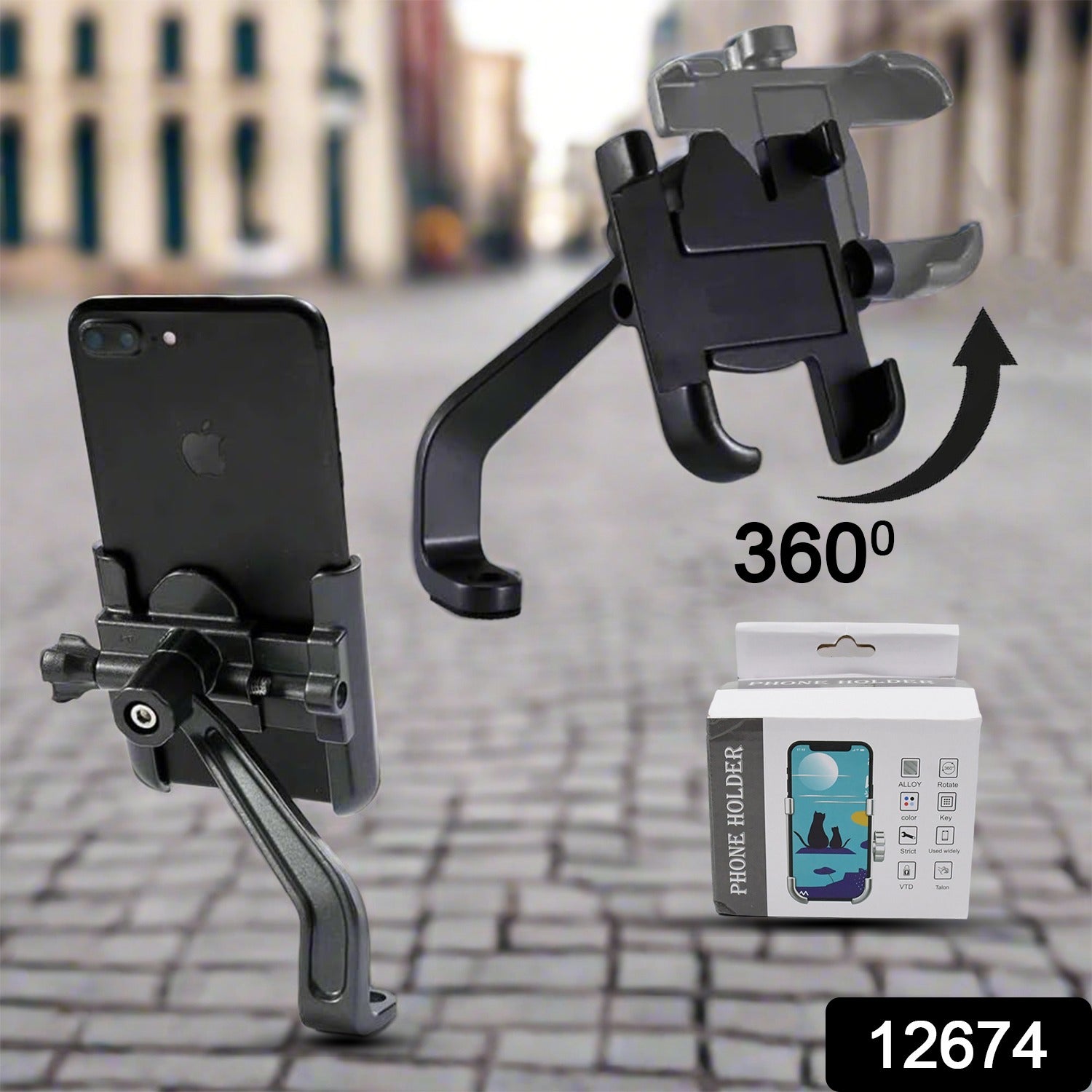 Bike mobile holder securely mounted on a motorcycle handlebar, ready for navigation.