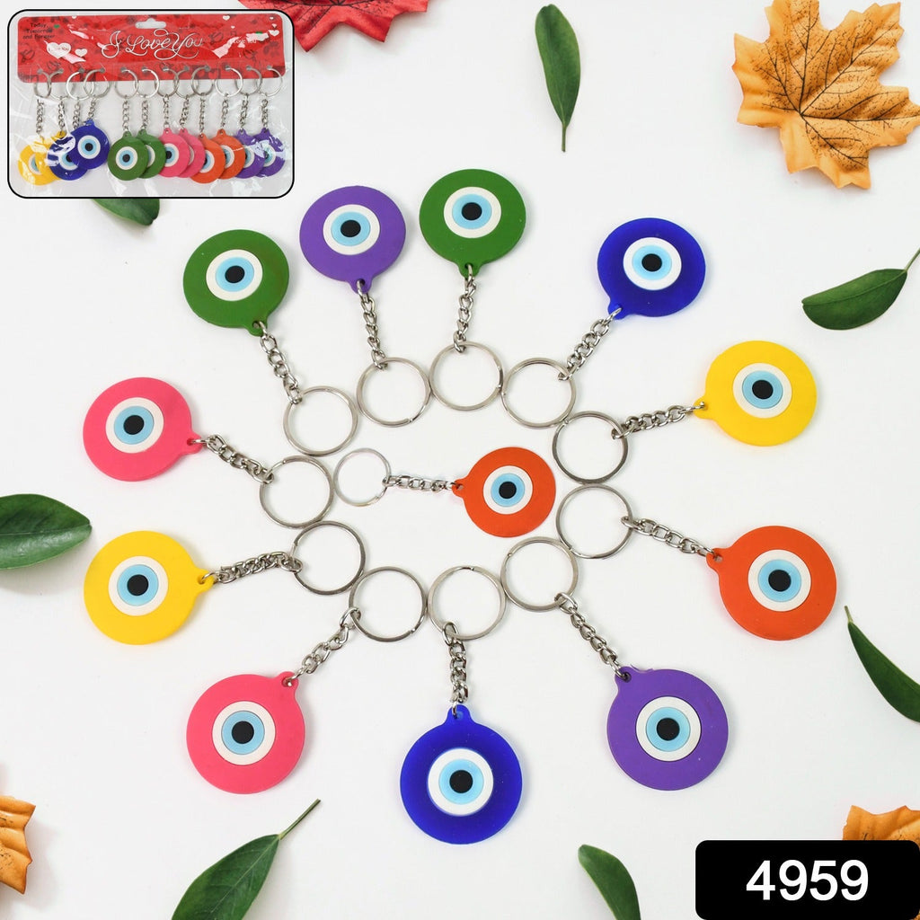 Close up of evil eye keychain charm in vibrant mixed colors