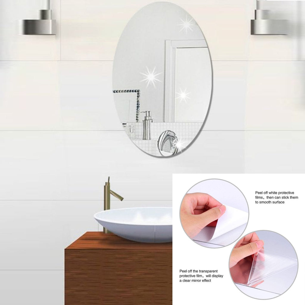 Close-up of an oval self-adhesive mirror sticker reflecting light.