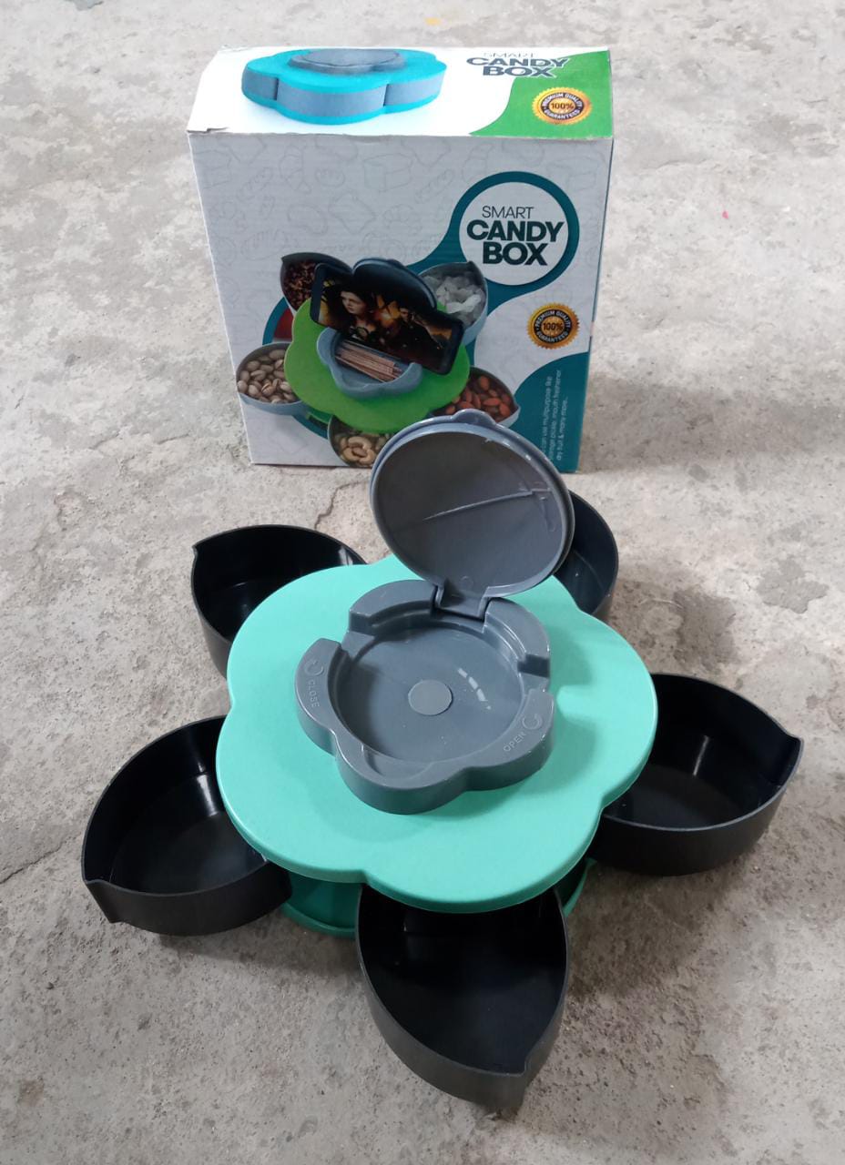 Close-up of the smart candy box's durable ABS plastic and modern petal design.