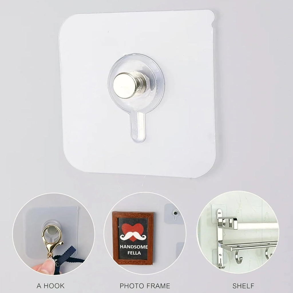 Transparent stick-on wall hooks for versatile home use