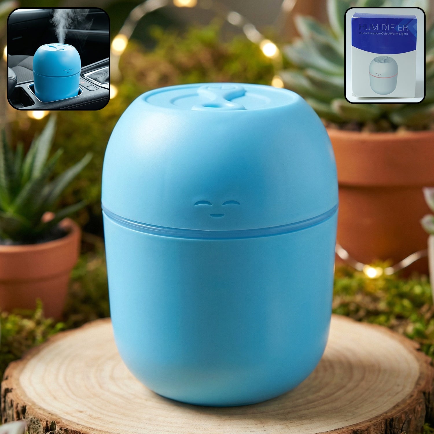 A sleek white USB Air Humidifier emitting a fine cool mist on a clean surface.