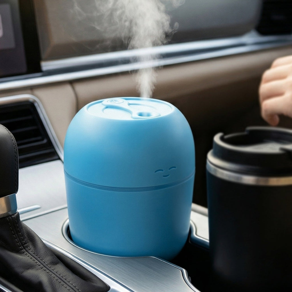 The USB Air Humidifier in a bedroom setting, providing a relaxing cool mist.