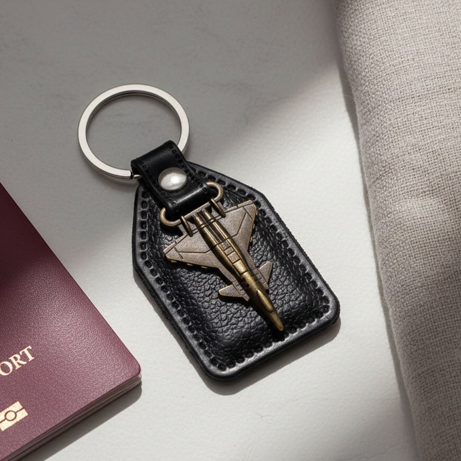 Top view of leather finish keychain featuring metal fighter jet emblem