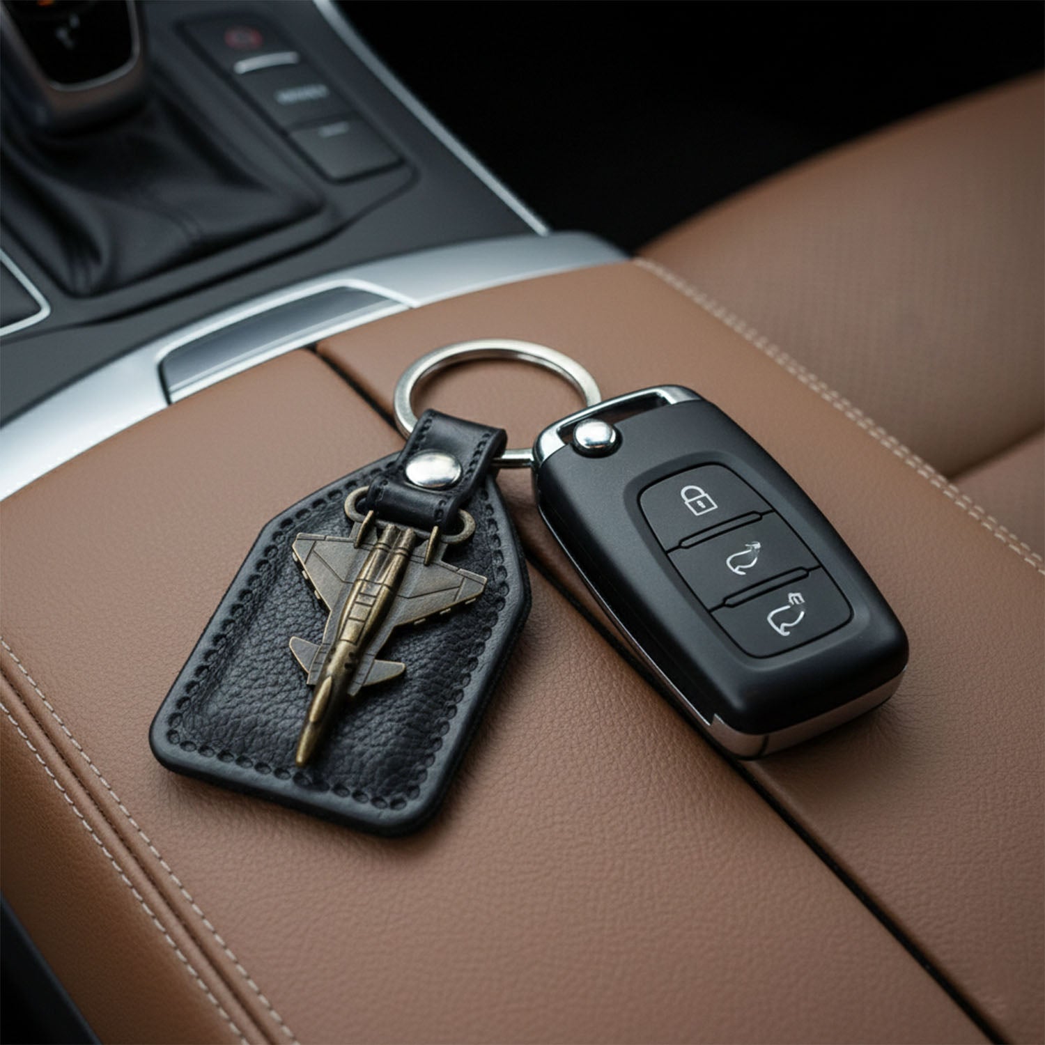 Stylish fighter jet keychain with leather-finish base perfect for car and bike keys