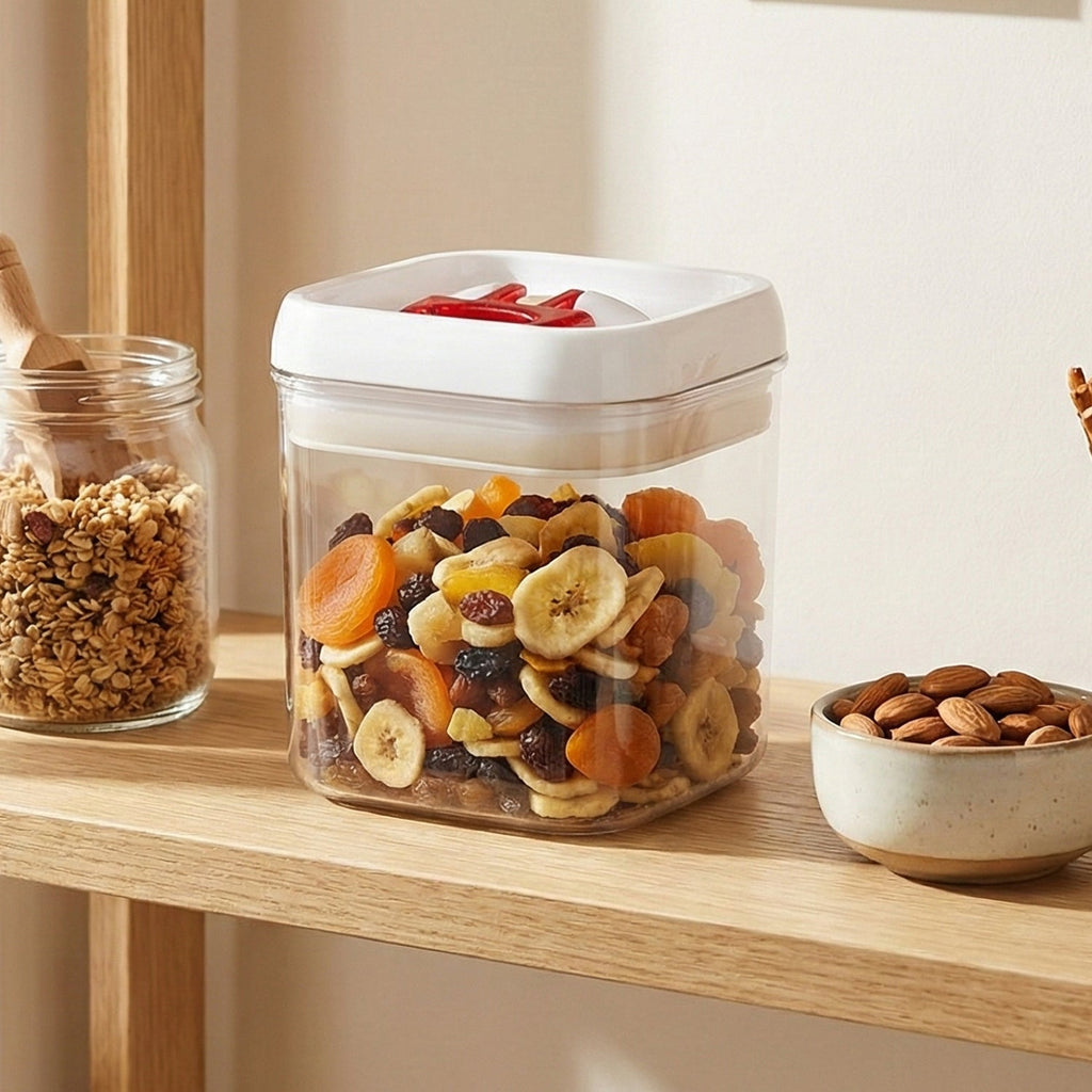 Clear storage box featuring secure airtight red lid