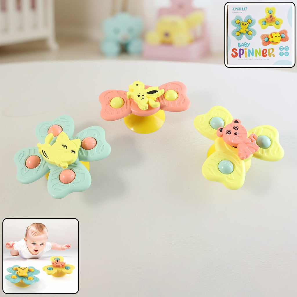 Baby Spinner Toy Set securely attached with suction cup to high chair tray