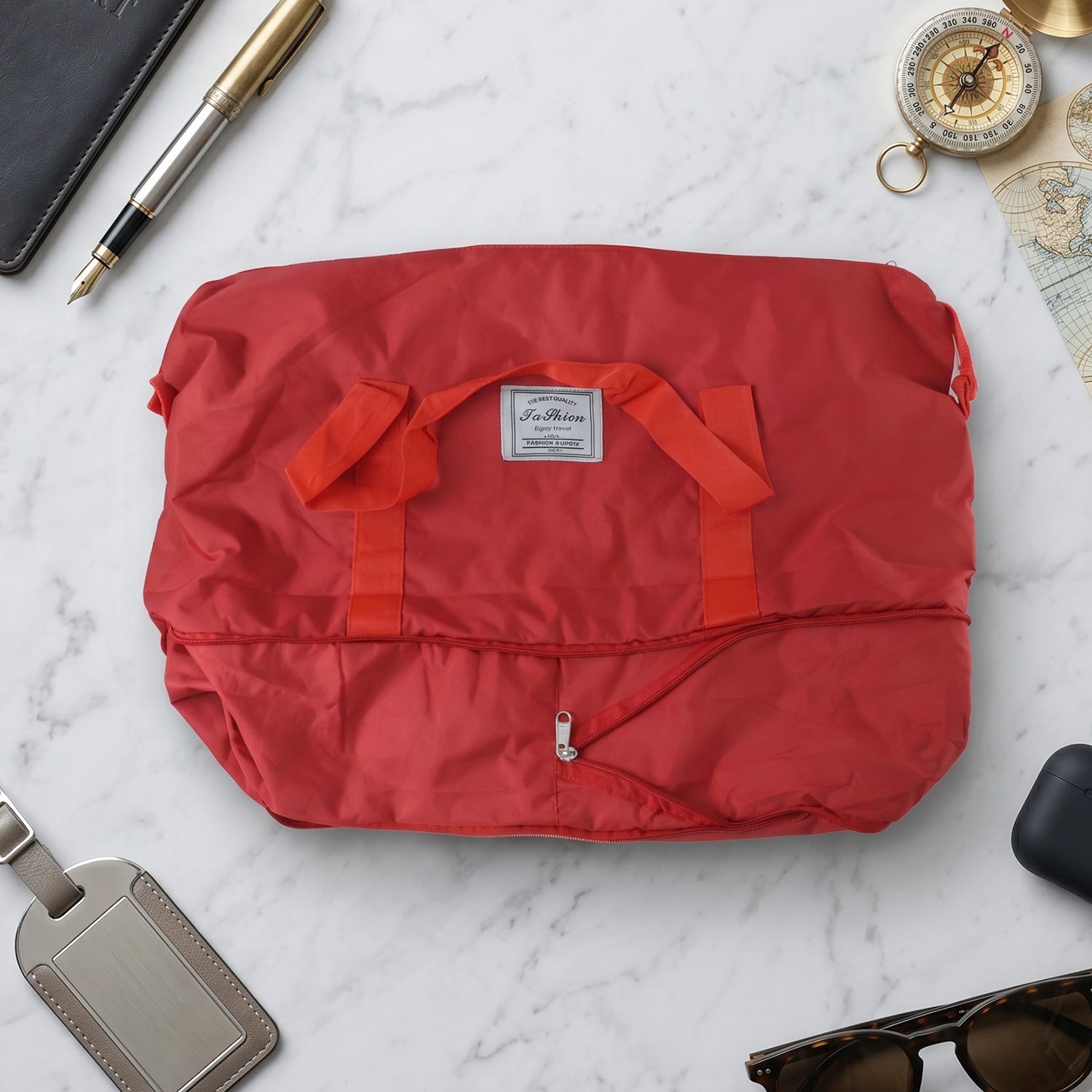 Exterior detail of stylish red travel carry bag