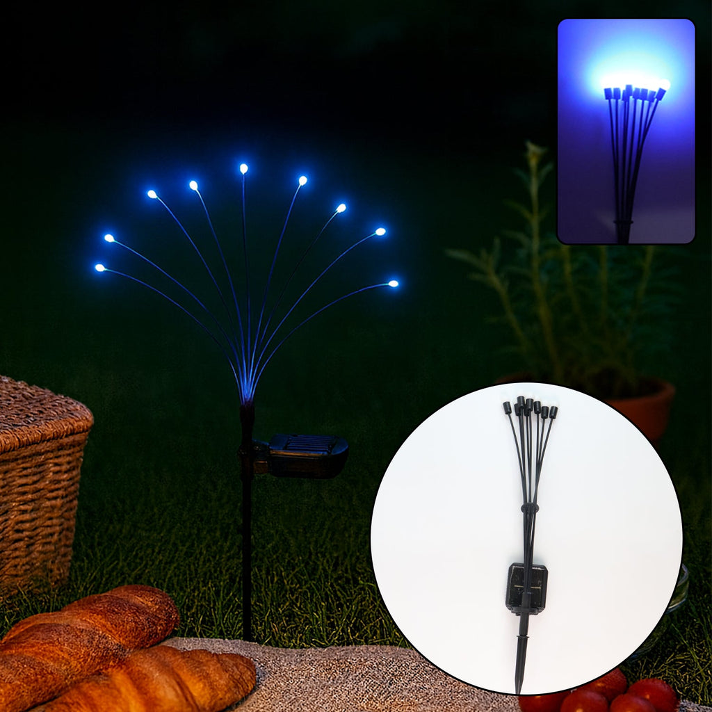 Solar LED fiber optic garden light illuminating a pathway at night