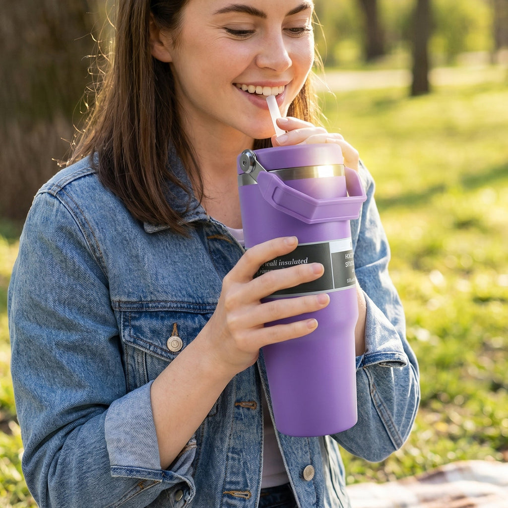 Front view of sleek matte finish stainless steel insulated travel mug