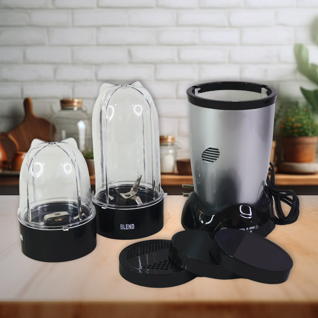 Orbit bullet mixer showing stainless steel blades and a blending jar