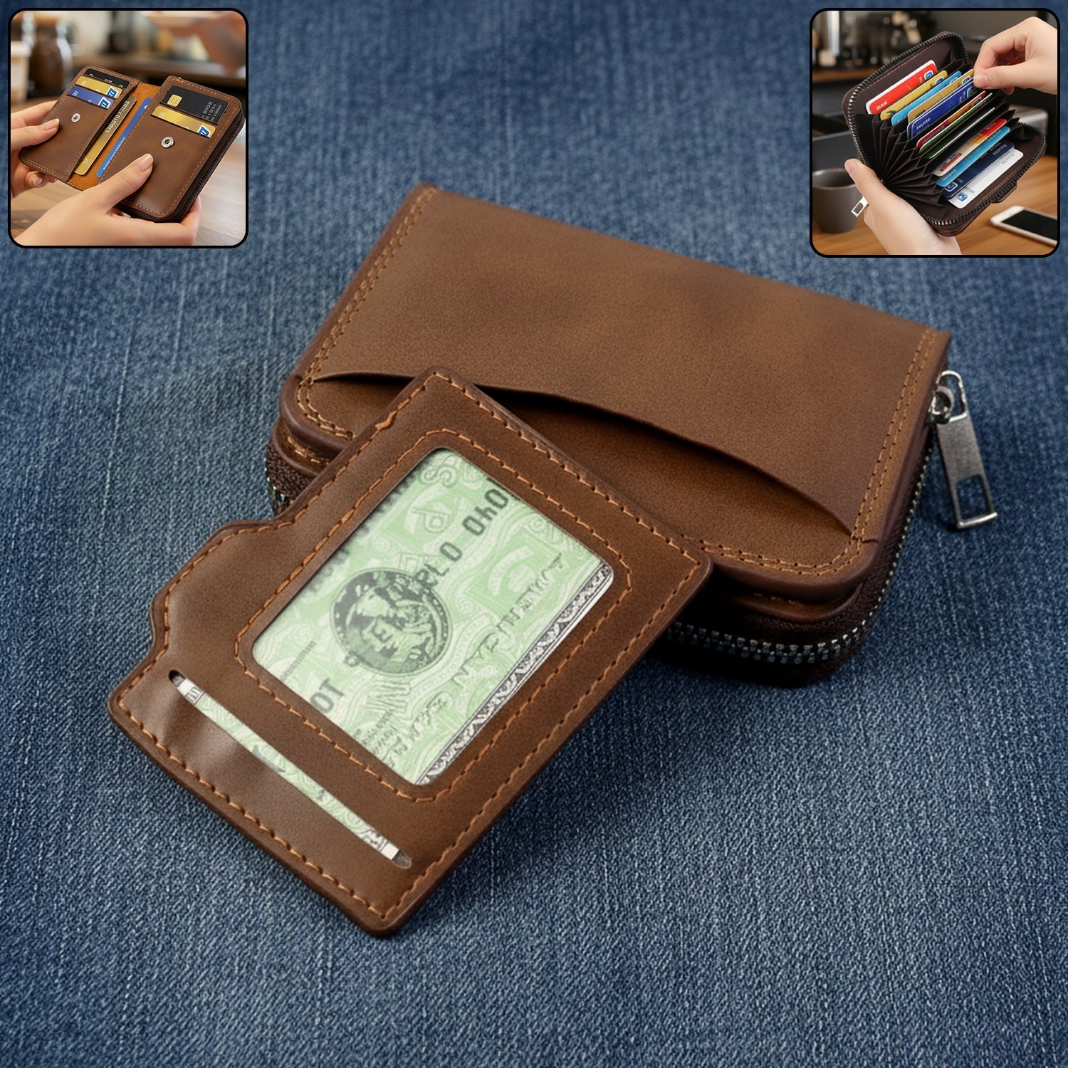 Front view of zip closure card holder wallet showcasing compact accordion design