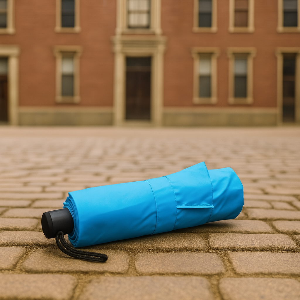 An infographic highlighting the key features and compact size of the DrizzlePro 3-fold umbrella.