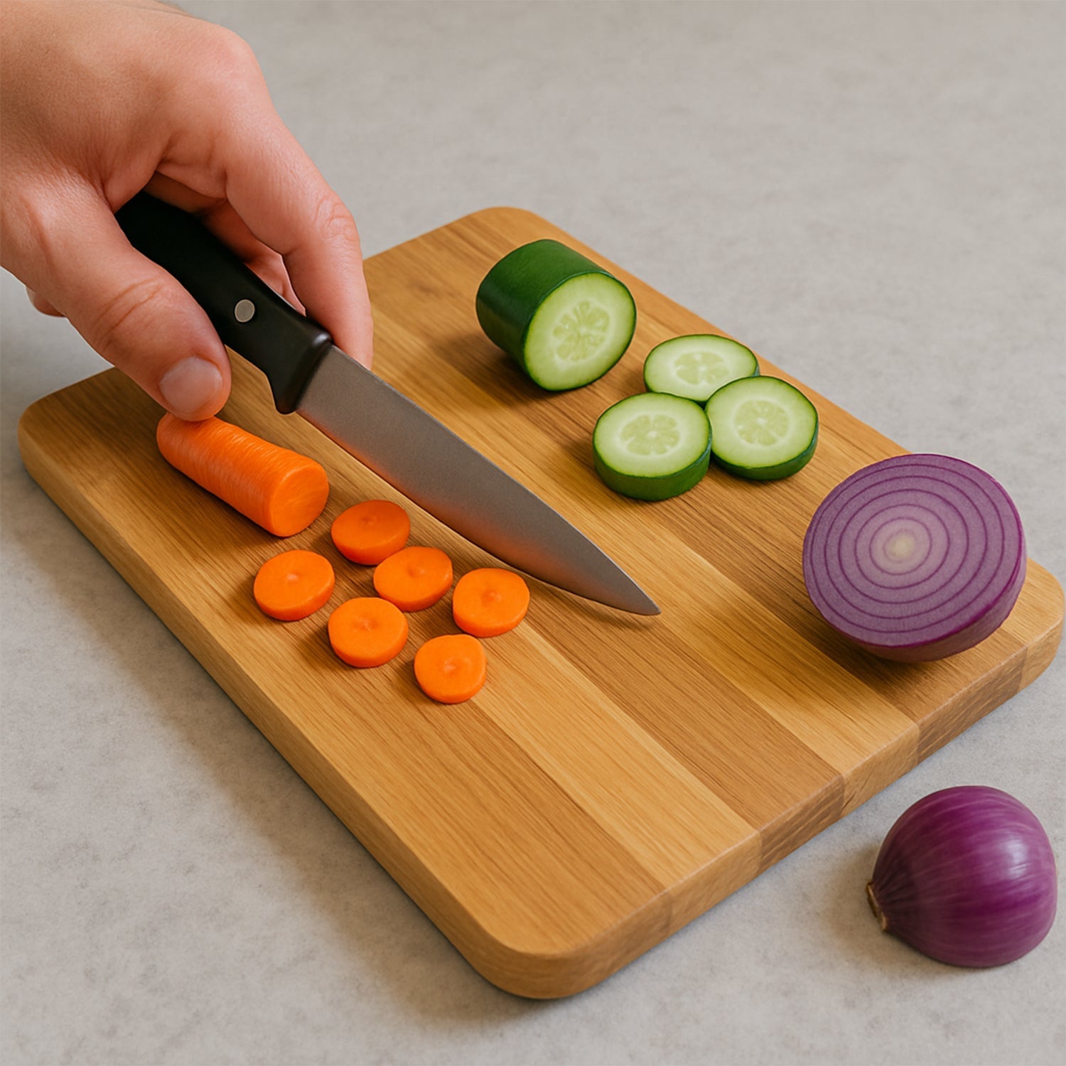 Side profile highlighting the thickness of steel oak cutting board