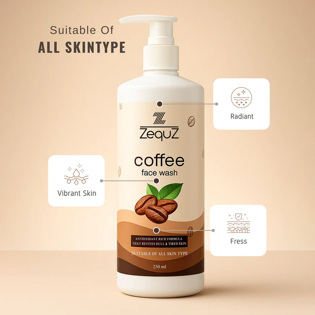 Coffee Face Wash bottle displayed with coffee plant leaves symbolizing natural ingredients
