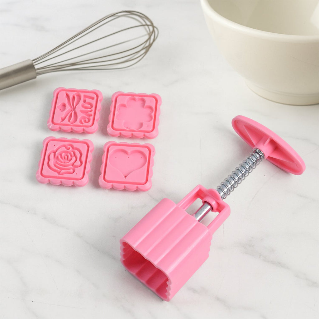 Press handle and interchangeable decorative stamps for cookie baking