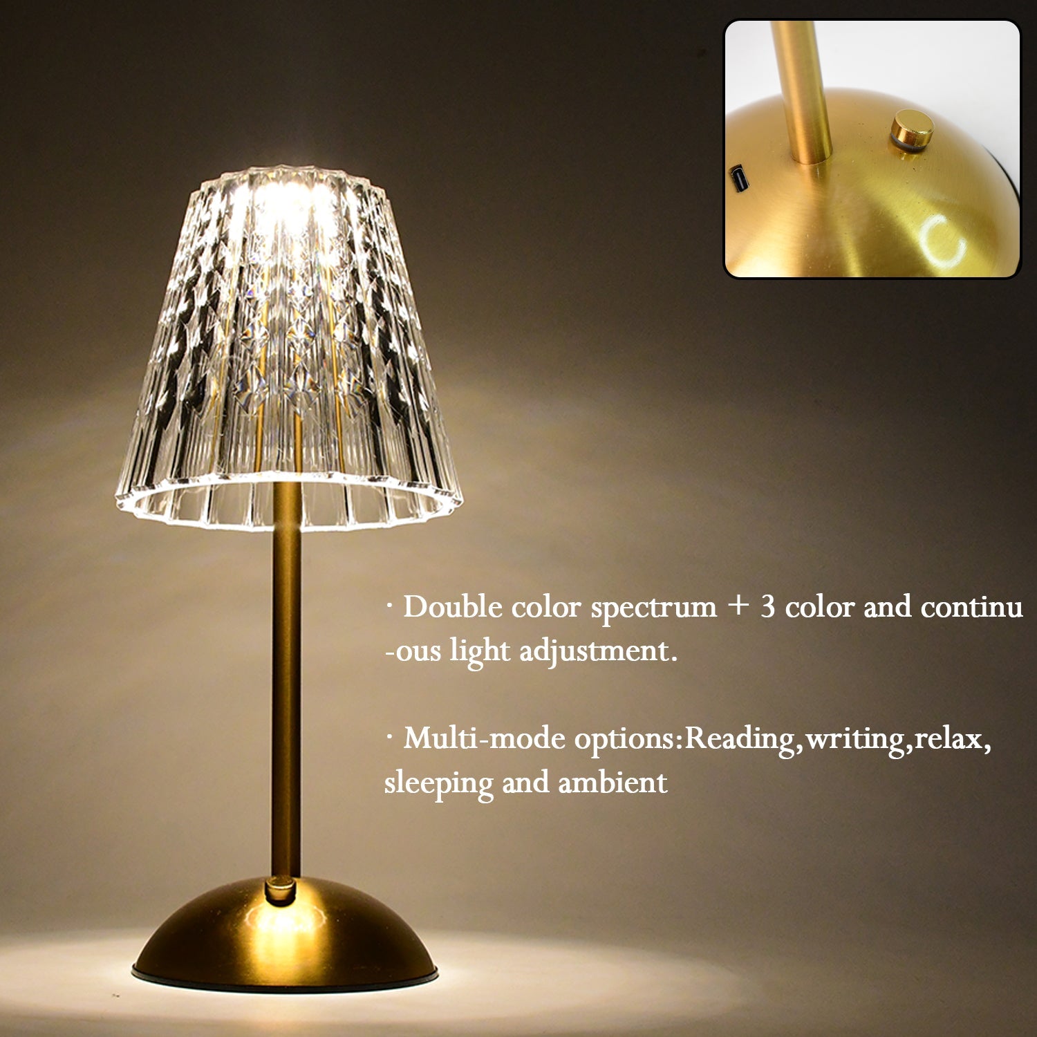 Side view of USB rechargeable crystal table lamp with elegant shade