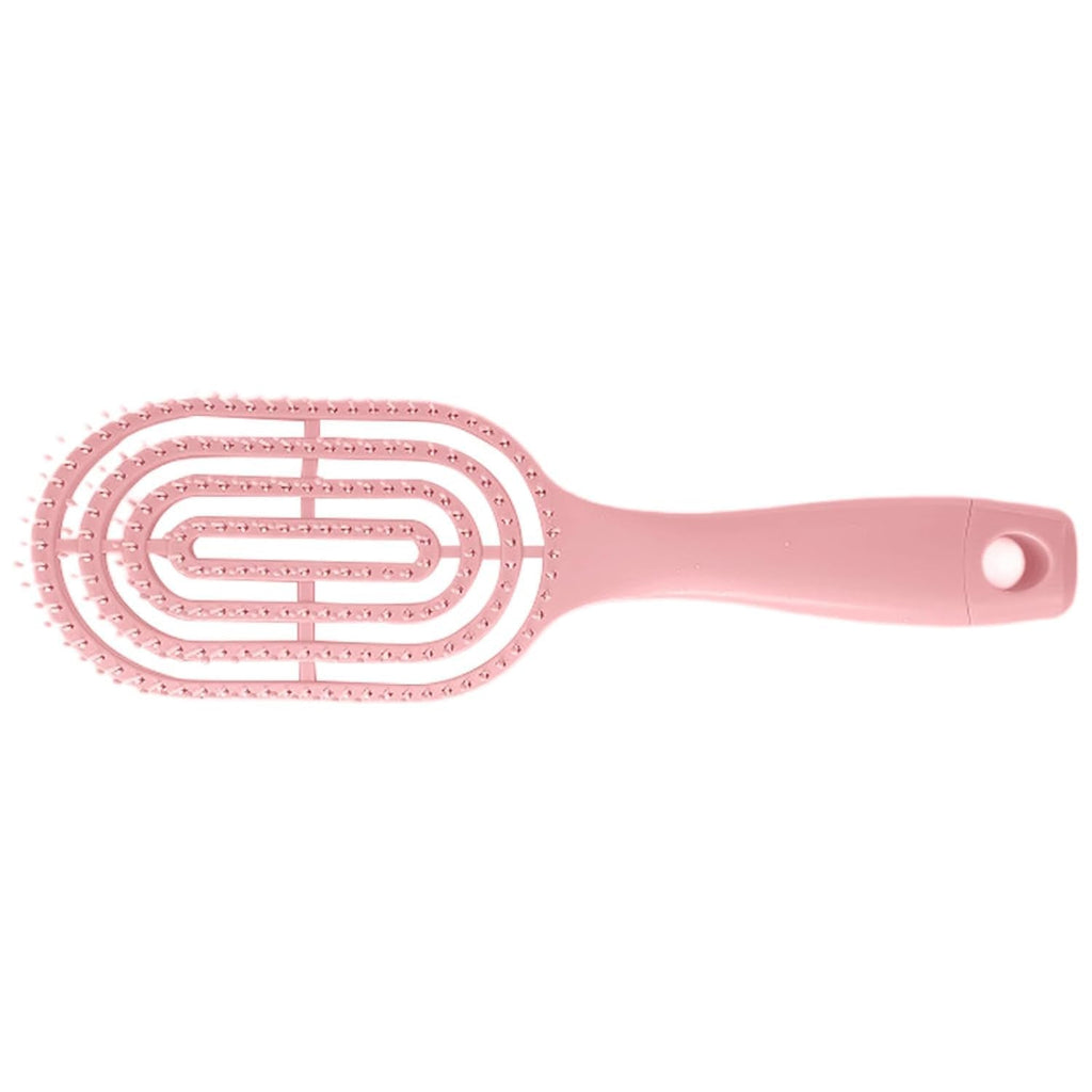 Detail of curved head and flexible bristles for scalp massage on hair brush