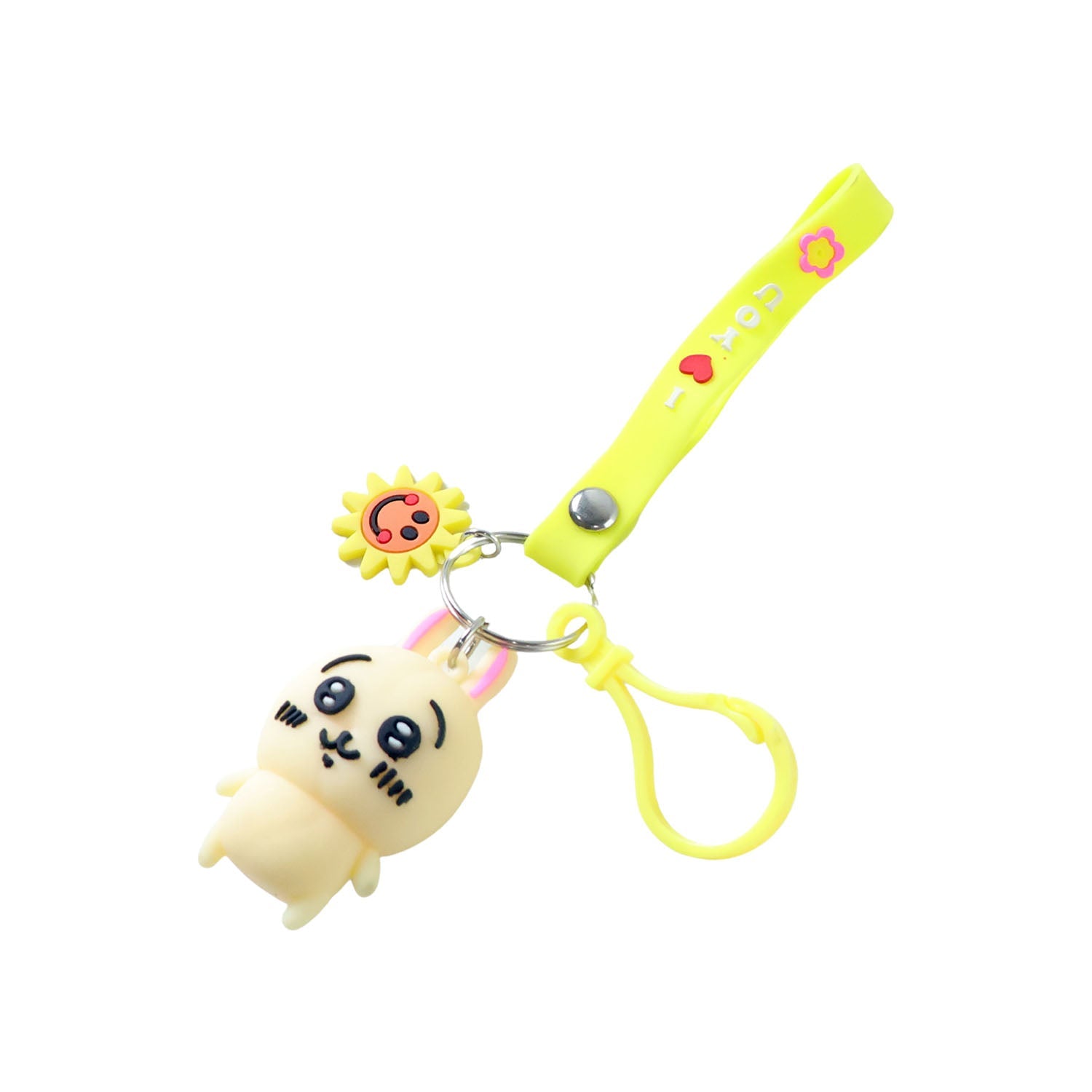Trendy cartoon bunny key holder hanging on a bag loop