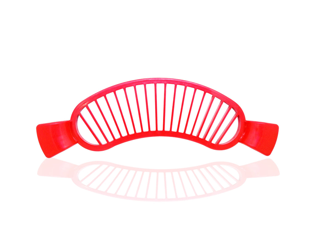 Food-grade plastic banana slicer with ergonomic handle for safe cutting.