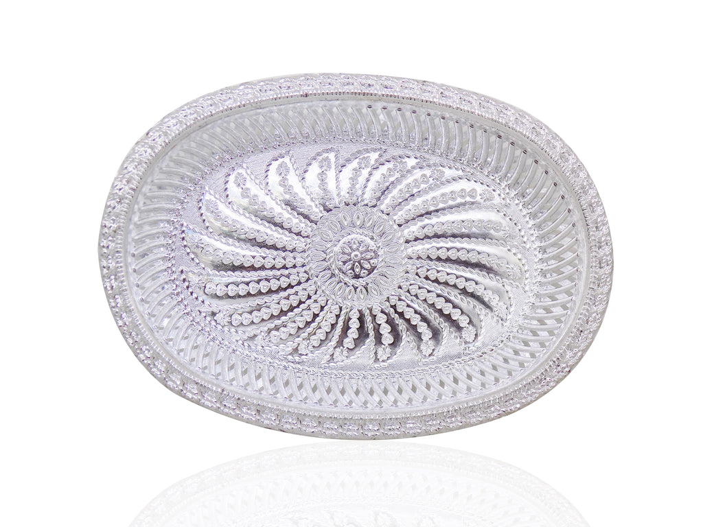 Top-down view of the oval silver serving tray, ideal for festive spreads.