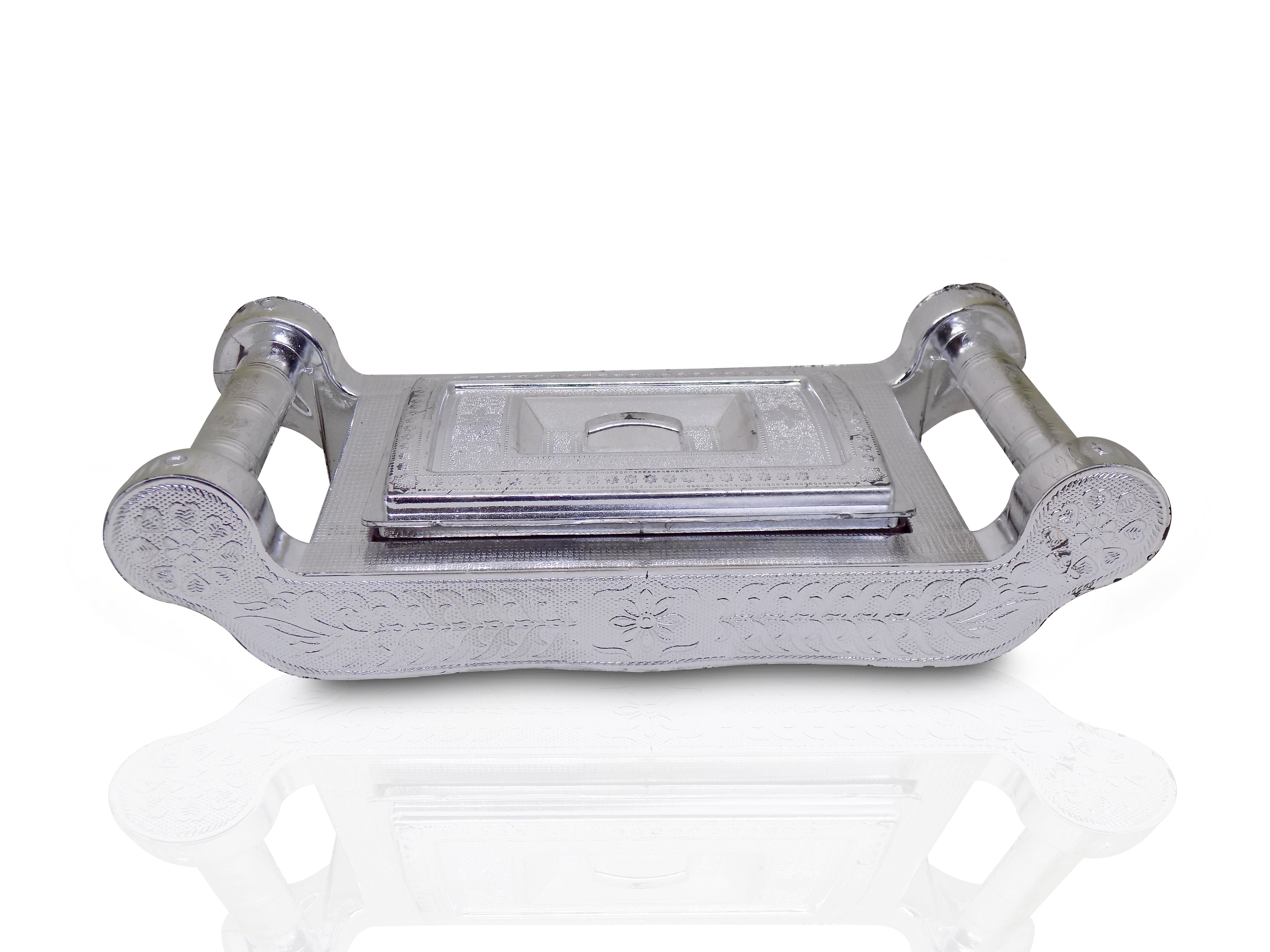 Elegant silver storage box with four sections for gifts and dry fruits.