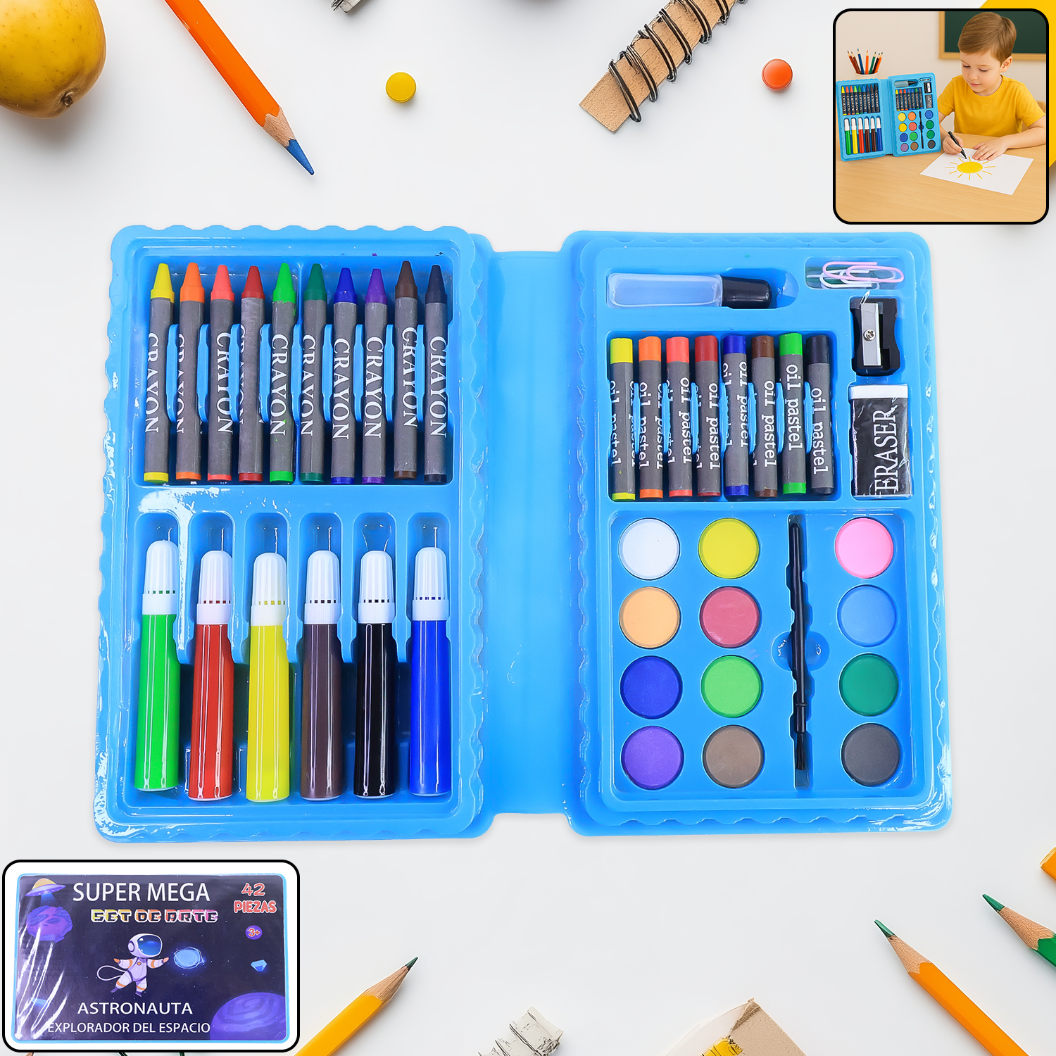 42-piece kids art set with colorful crayons and sketch pens in organizer case