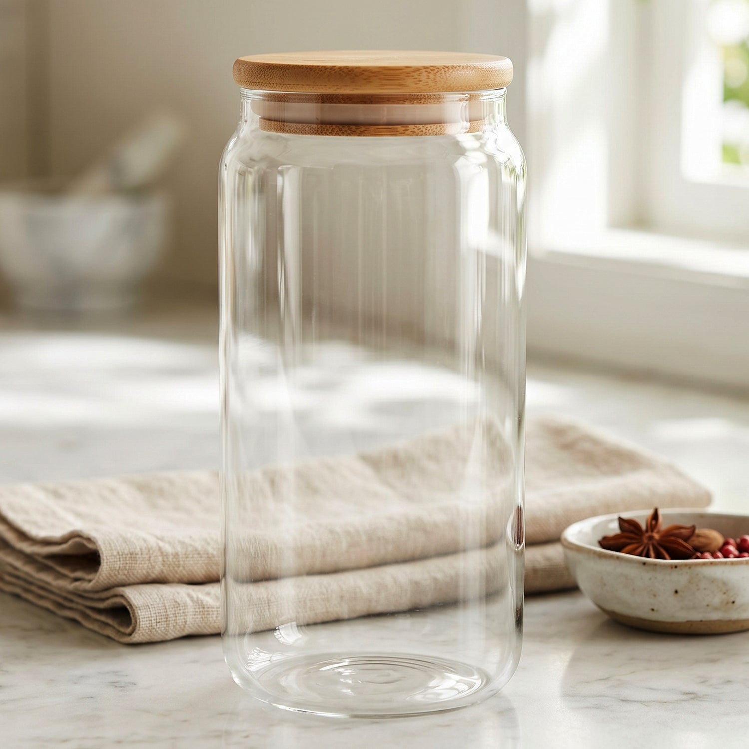 Kitchen canister with wooden bamboo lid for freshness
