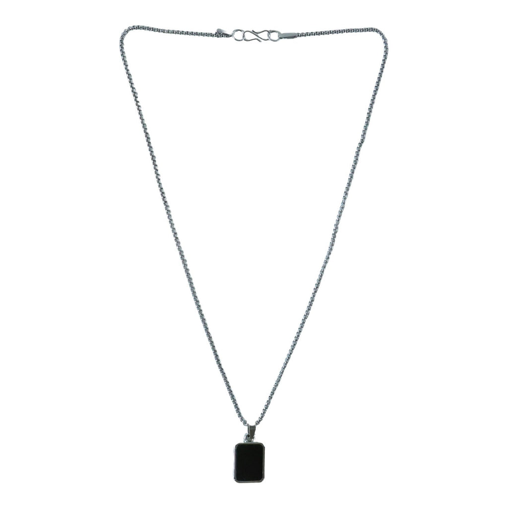 Close-up of men's stainless-steel box chain design on pendant necklace