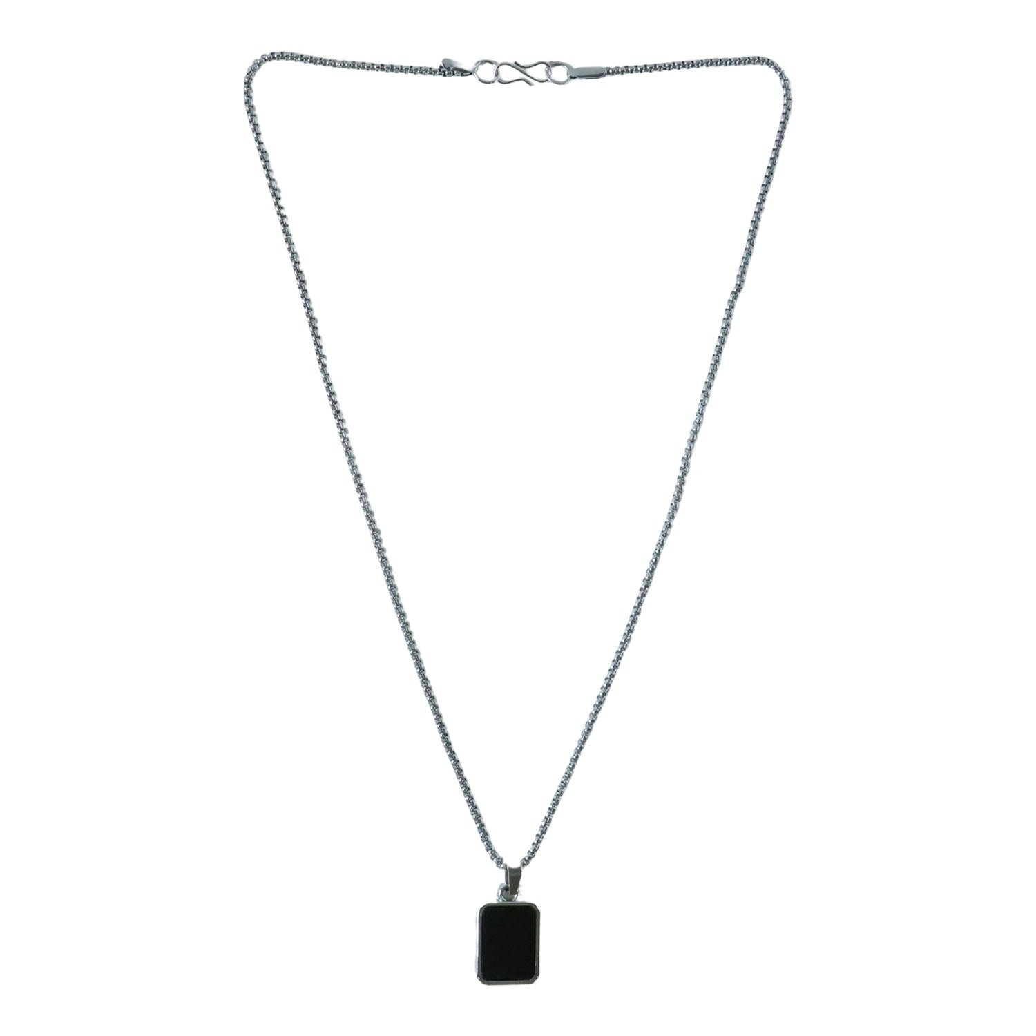 Close-up of men's stainless-steel box chain design on pendant necklace