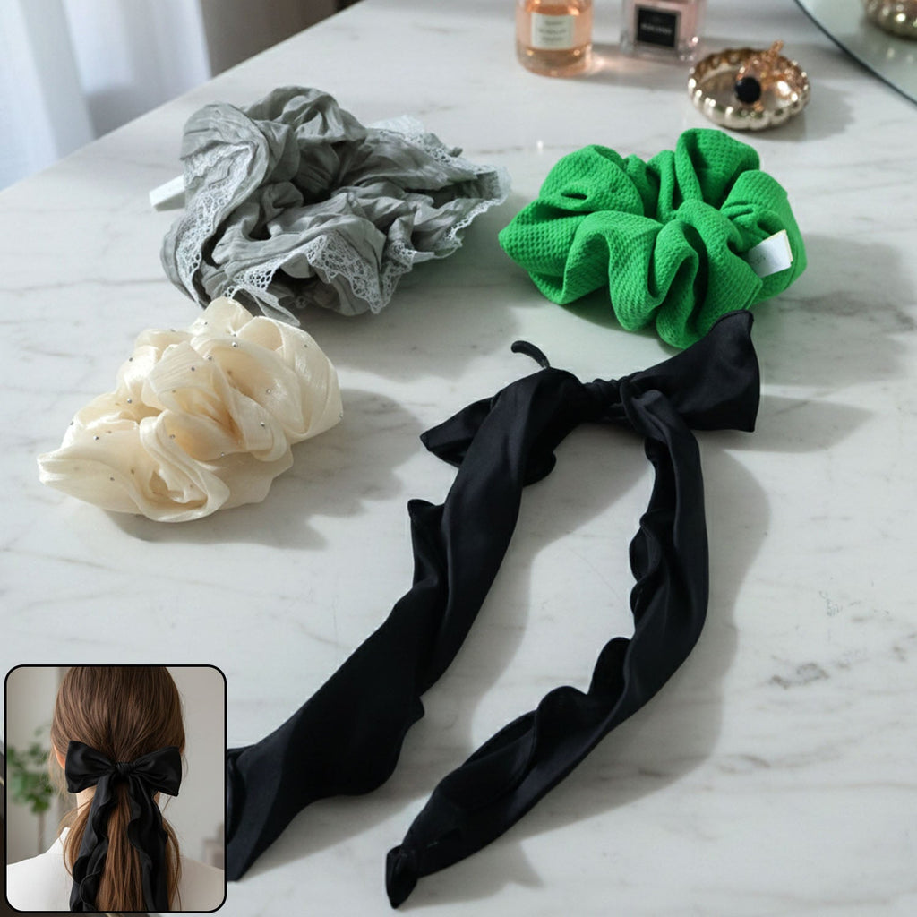 Soft fabric hair scrunchie with stylish bow tie design in assorted colors