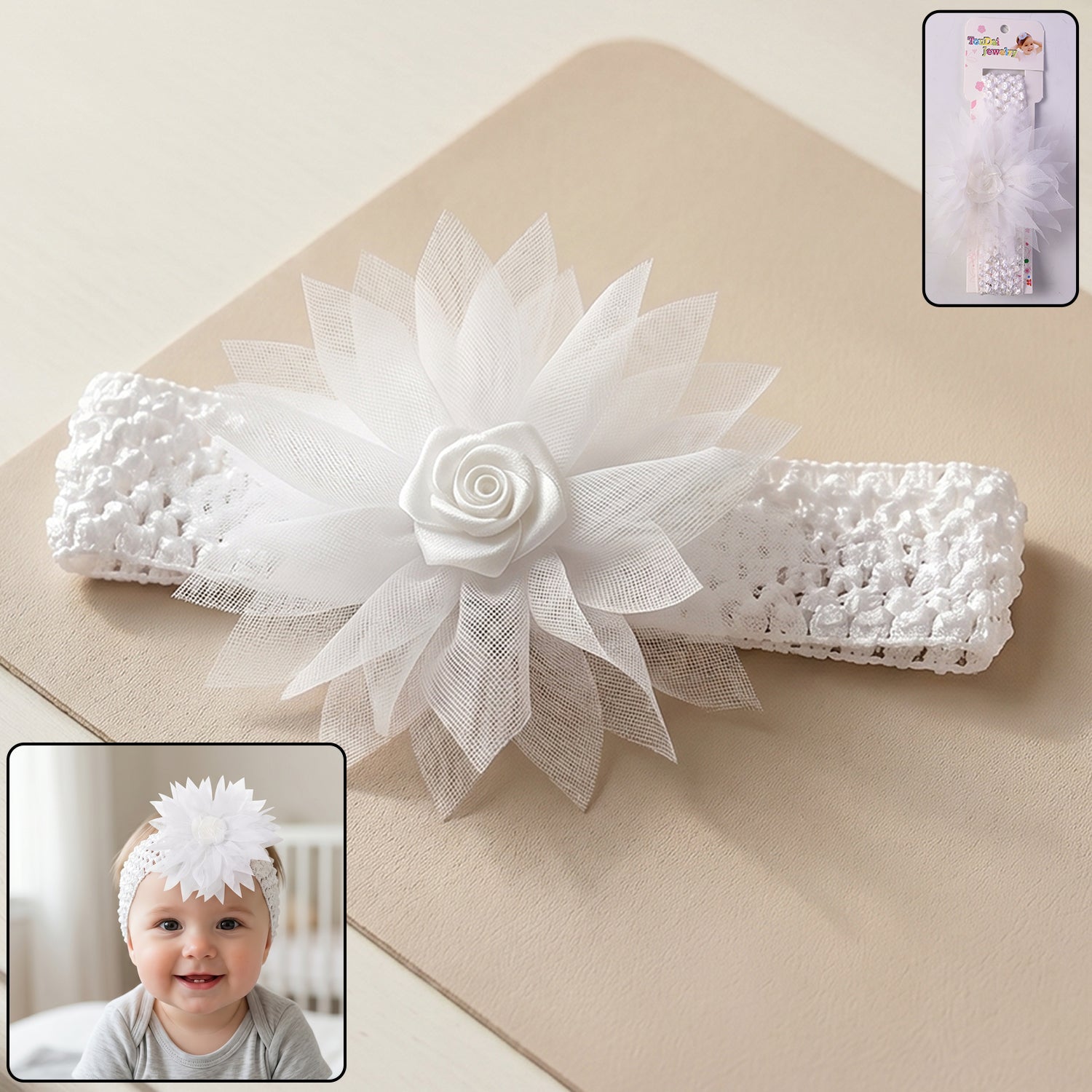 Cute floral baby headband with soft elastic band and stylish bow for infants