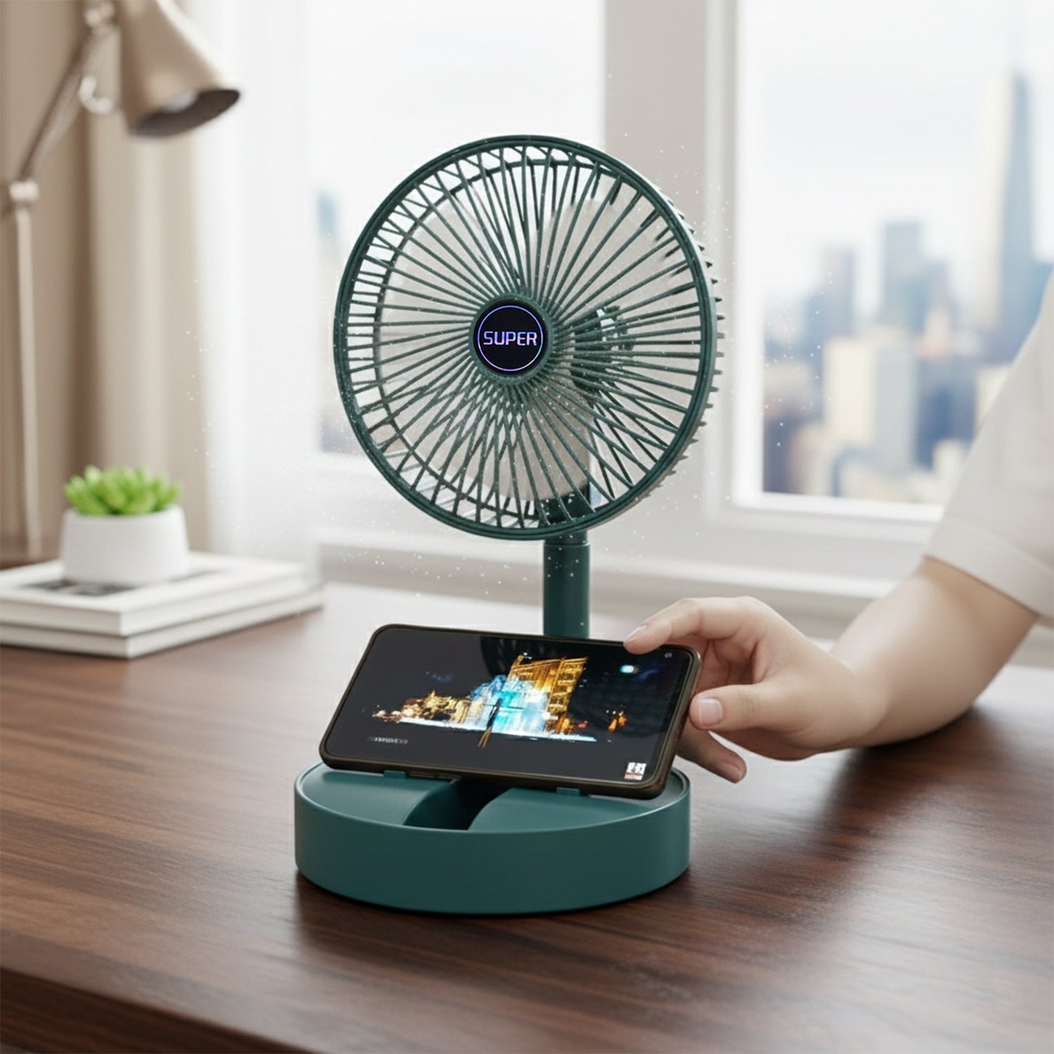 Side view of USB adjustable speed folding fan with phone holder