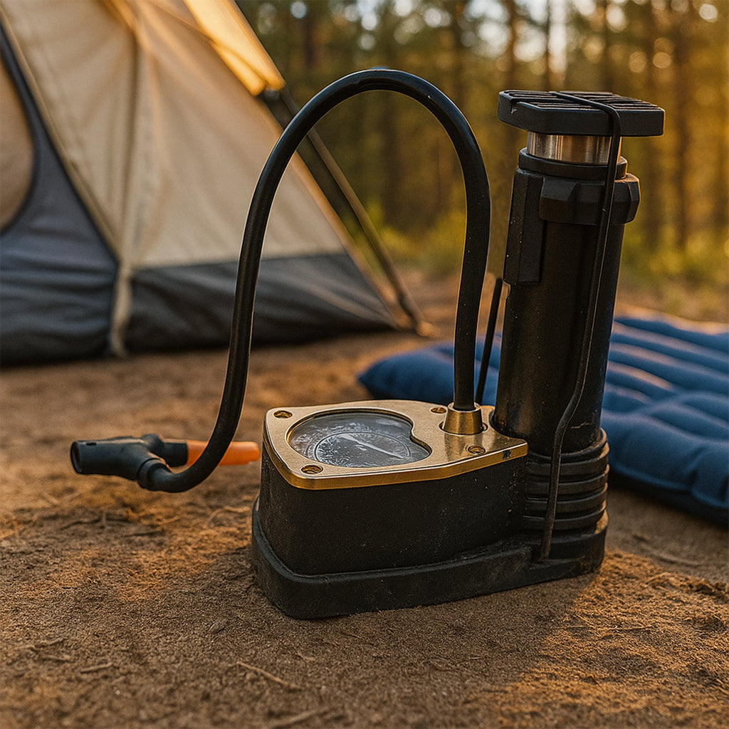 Compact and portable foot air pump from a side angle, ready for storage.