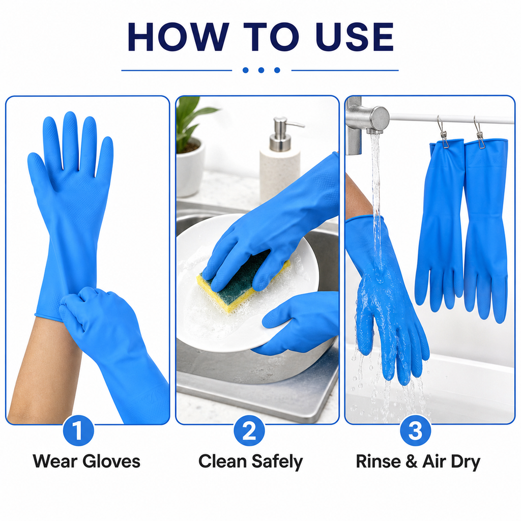 Textured grip detail on waterproof rubber cleaning gloves