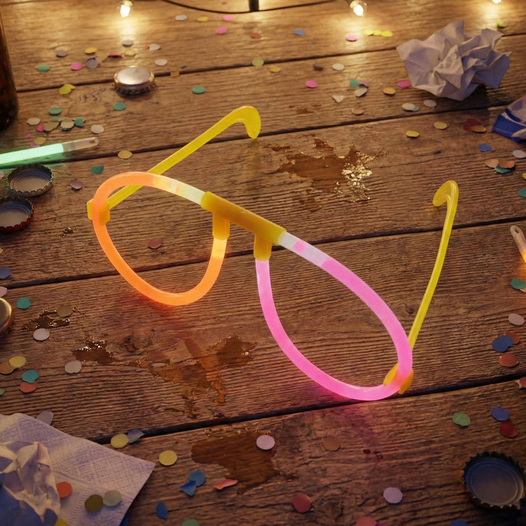 Close-up of glow party glasses with bright neon light