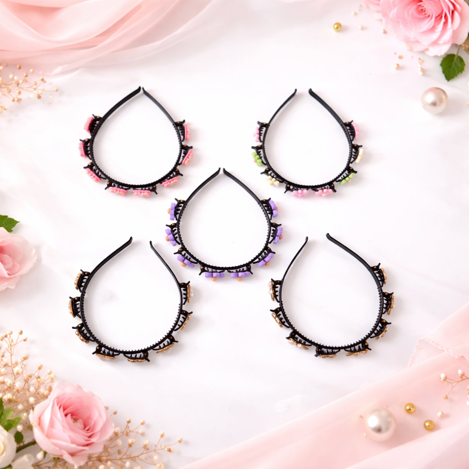 Women decorative hair band with floral beads