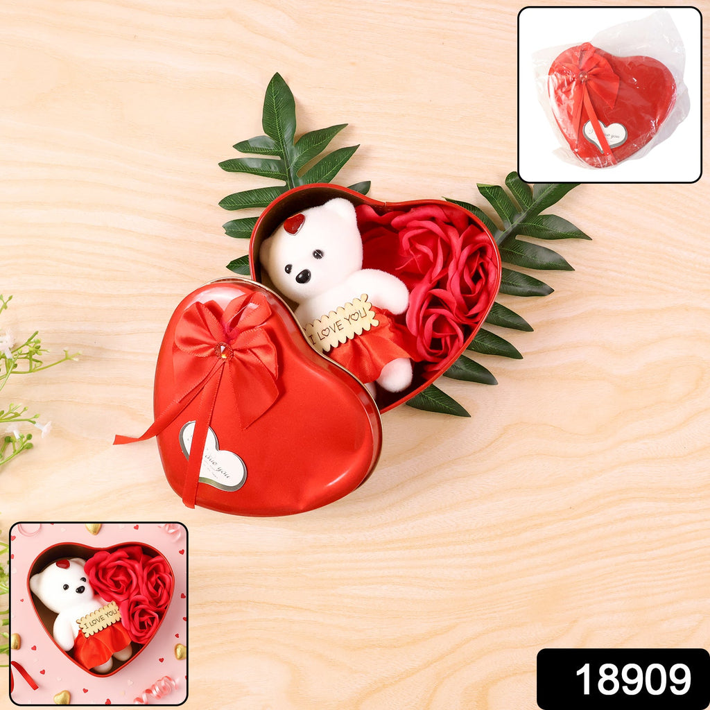 Heart shaped gift box with teddy bear and roses displaying SKU tag
