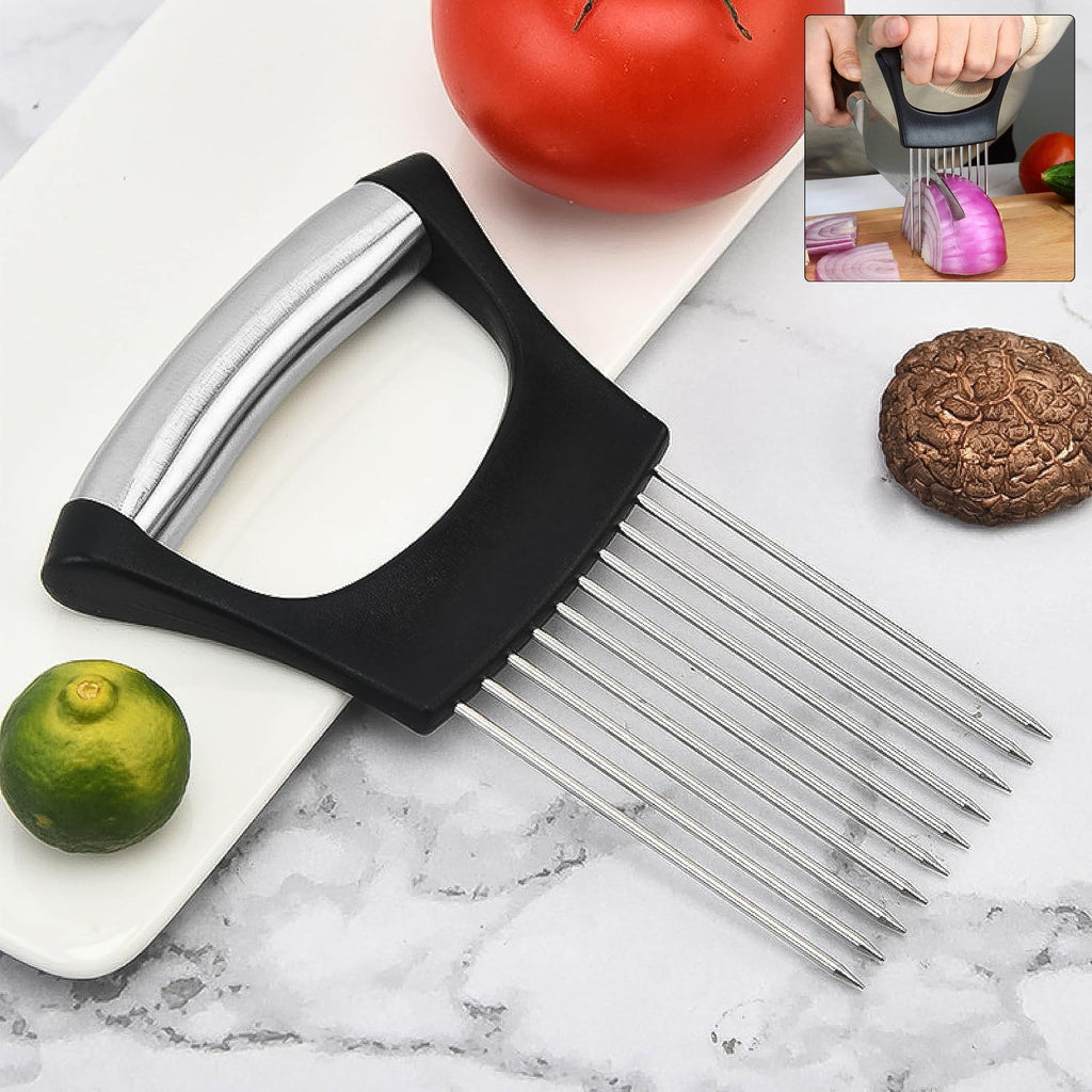 Stainless steel onion cutter with sturdy prongs and grip handle