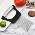 Stainless steel onion cutter with sturdy prongs and grip handle