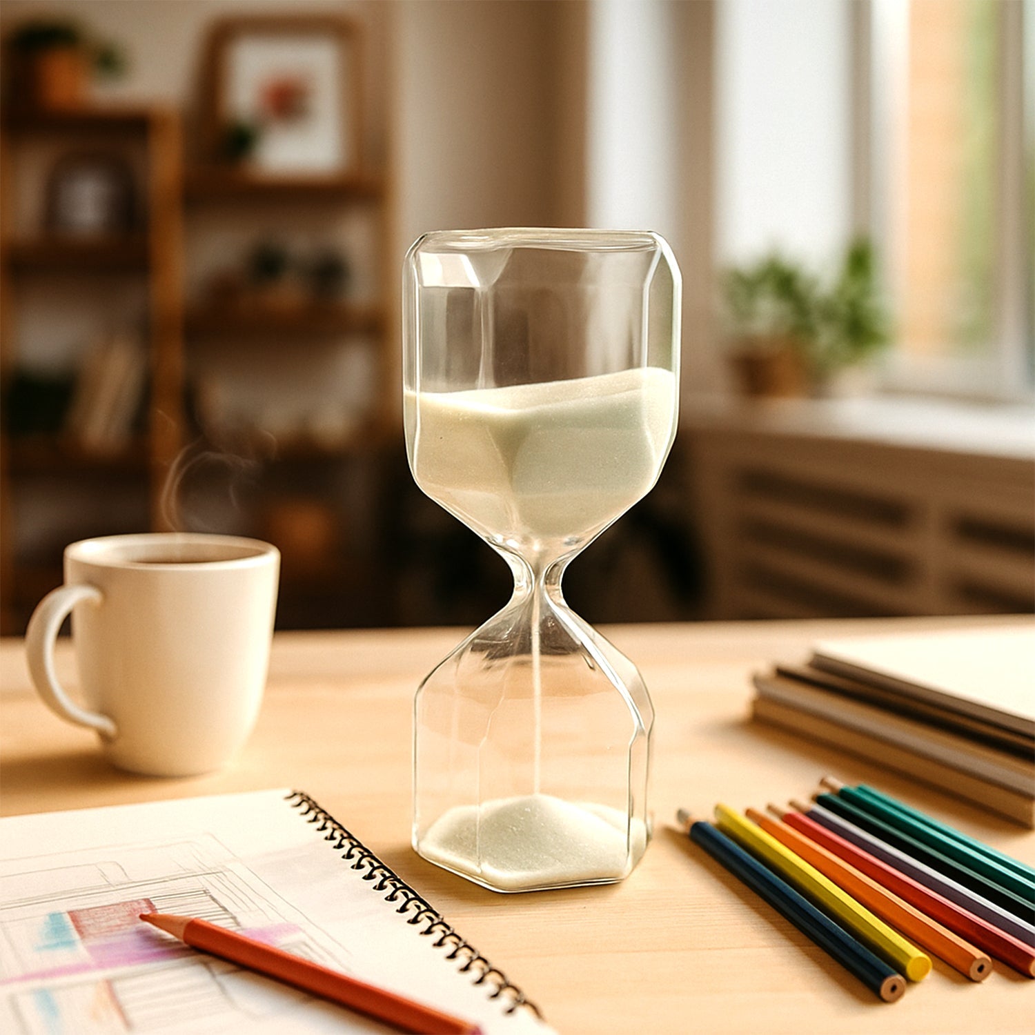 Dual flat-base glass hourglass timer positioned vertically as desk decorative piece