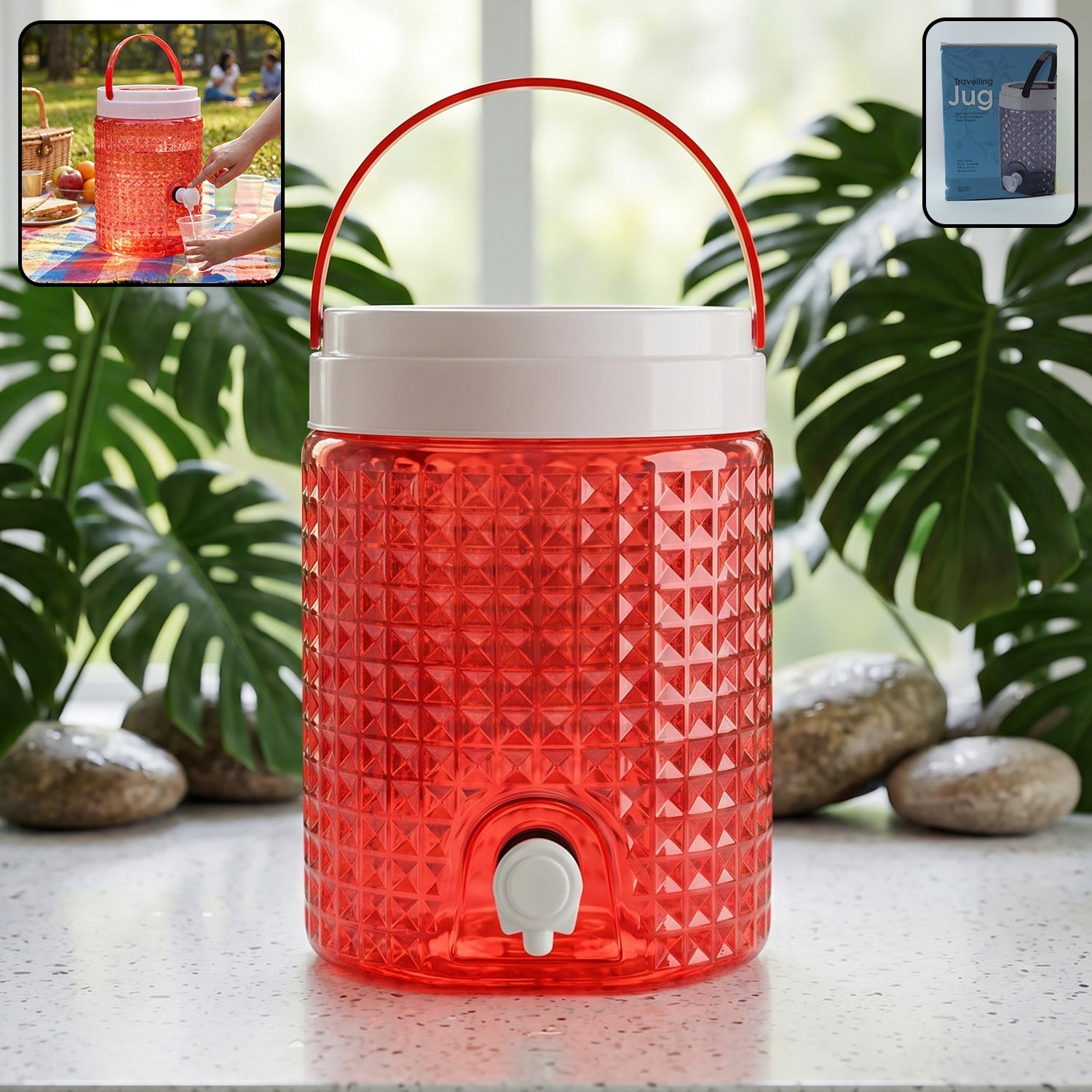 Front view of ChillPour's 4.5 litre plastic water jug with diamond cut design.