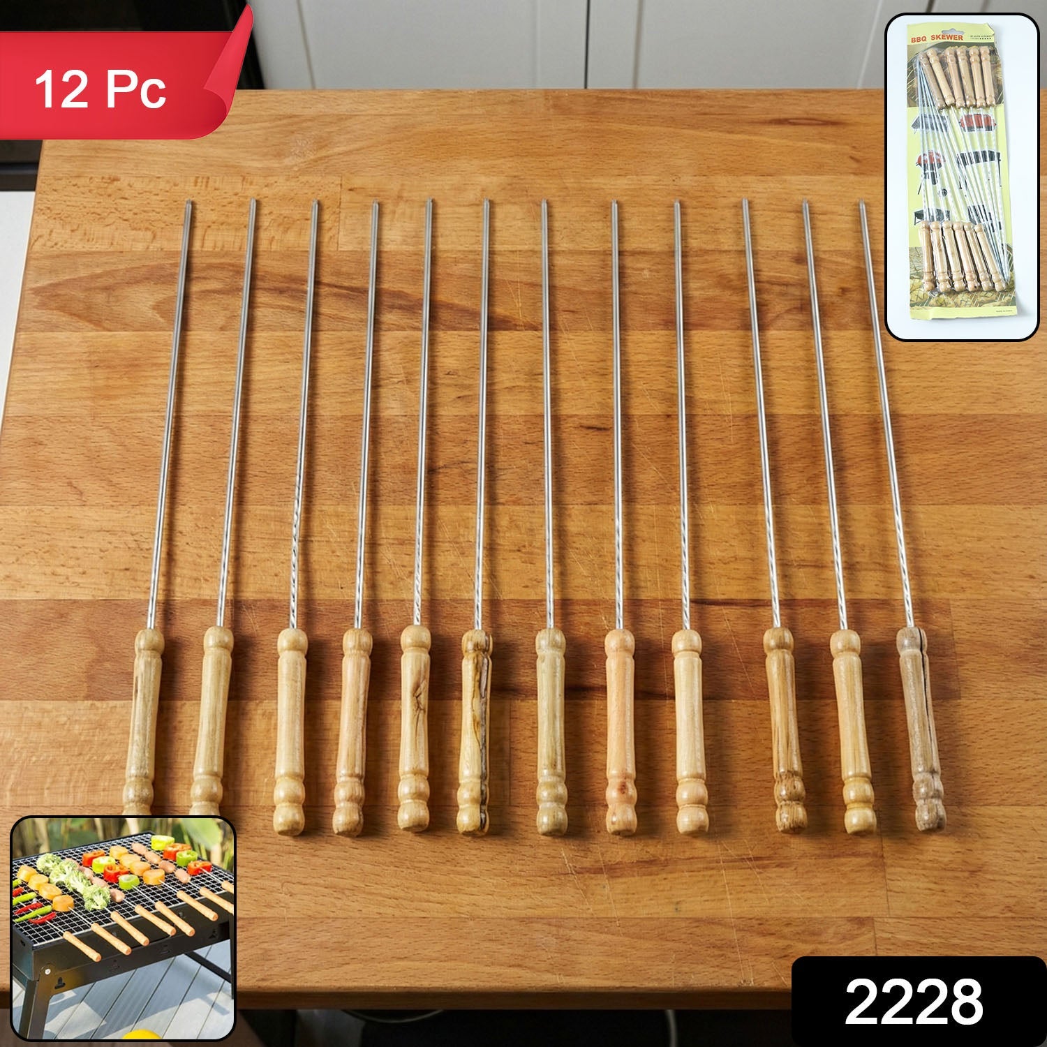 Detail view of Indo Glow's barbecue skewers showcasing quality stainless steel and wooden handles.