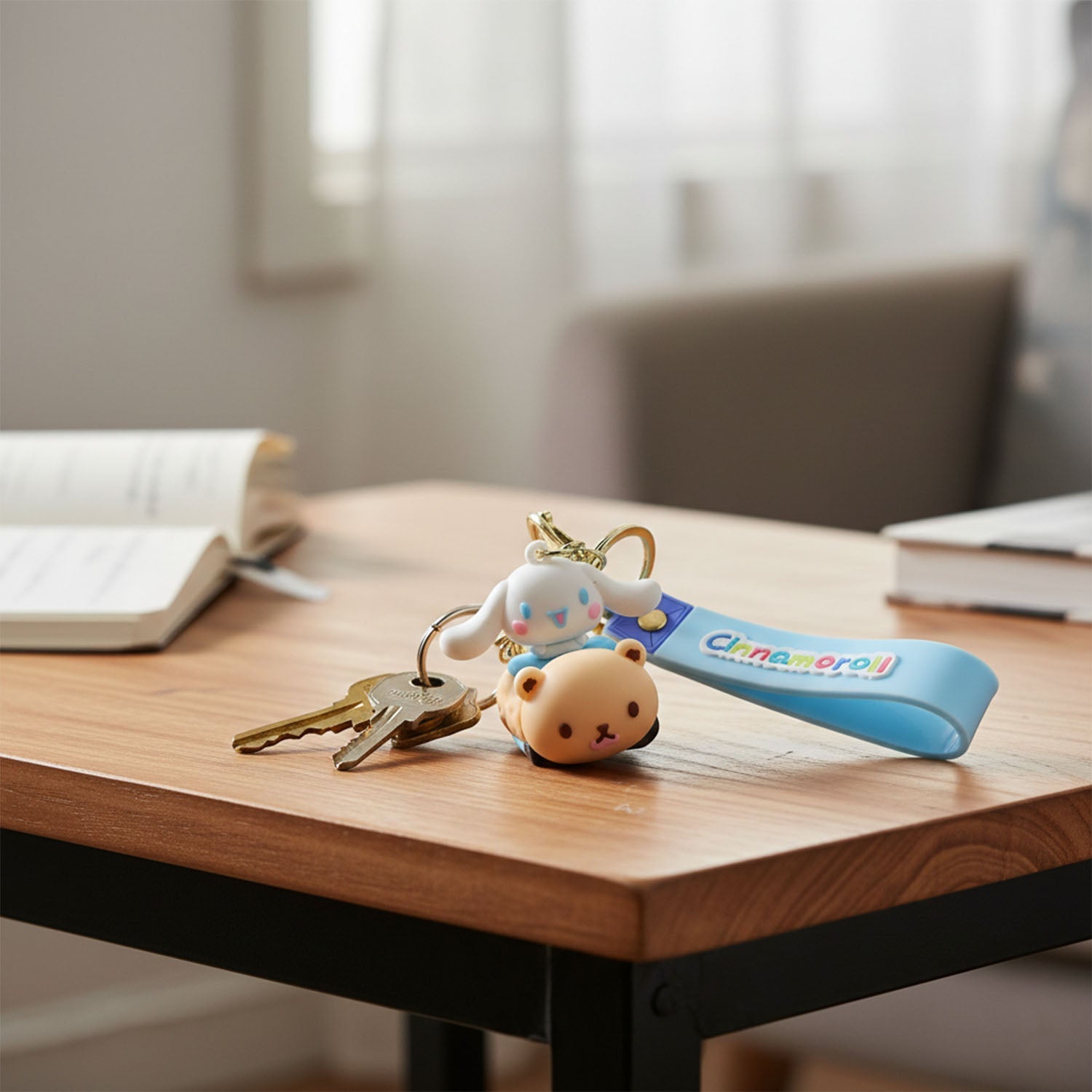 Colorful doll keychain featuring cartoon dog on silicone strap