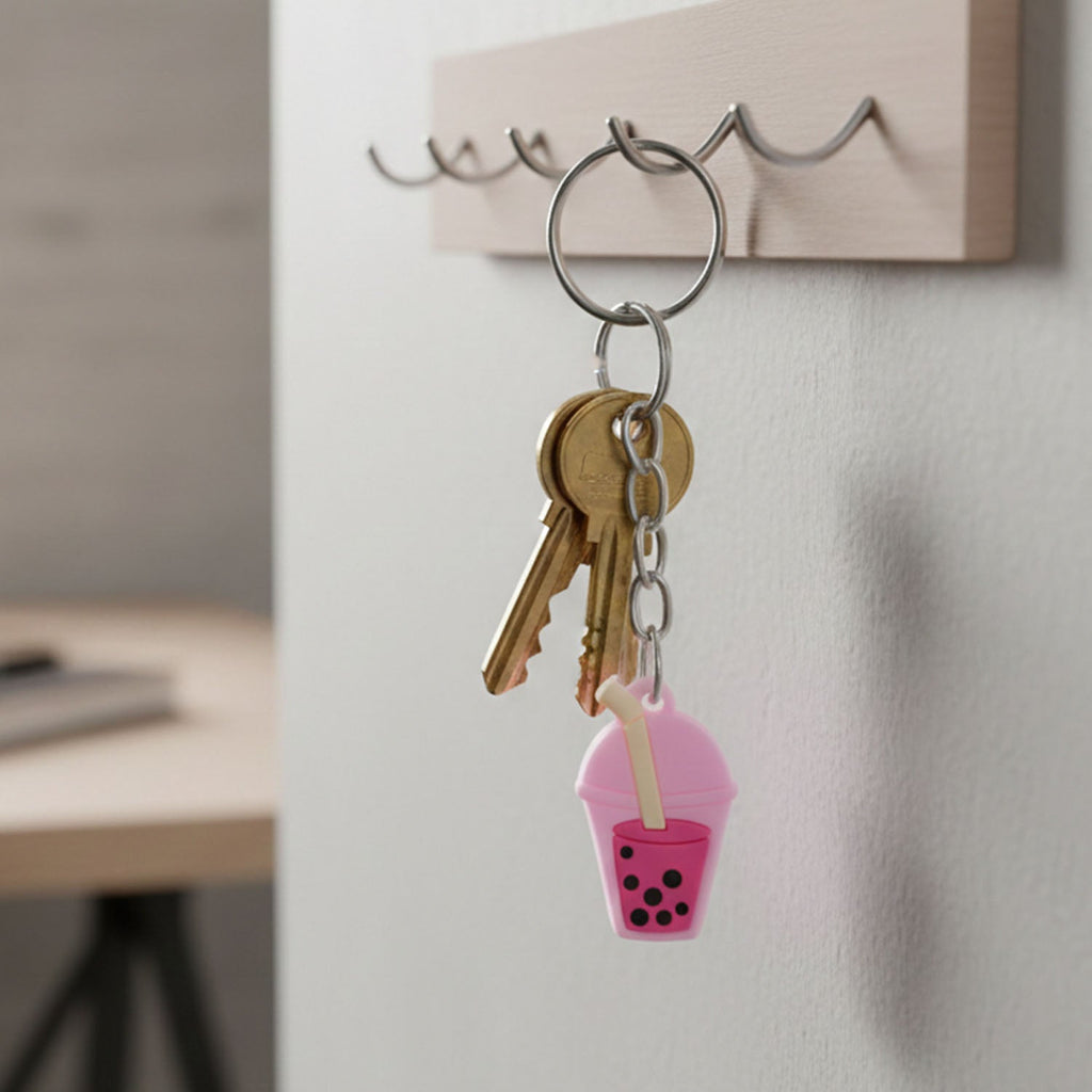 Mini charm bubble tea keychain with straw detailing on metal ring