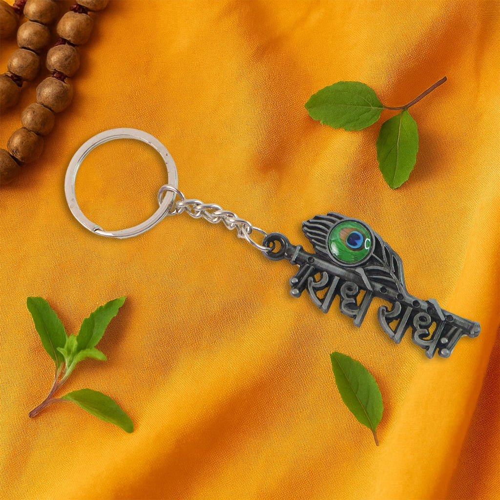 Radha Krishna metal keychain with sturdy ring and chain attached