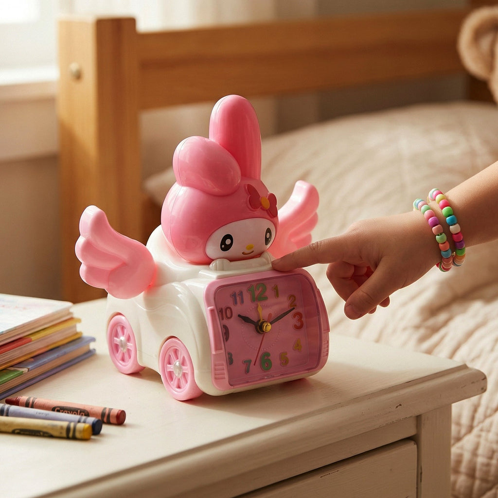 Child-friendly cartoon bunny alarm clock on bedside table